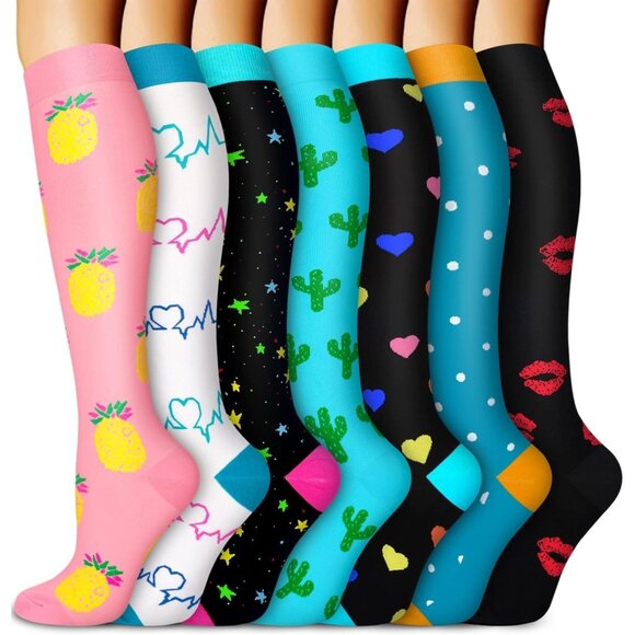 🆕Women  Men 7 Pairs Graduated Compression Socks Pink Green Blue Nylon - Picture 1 of 6